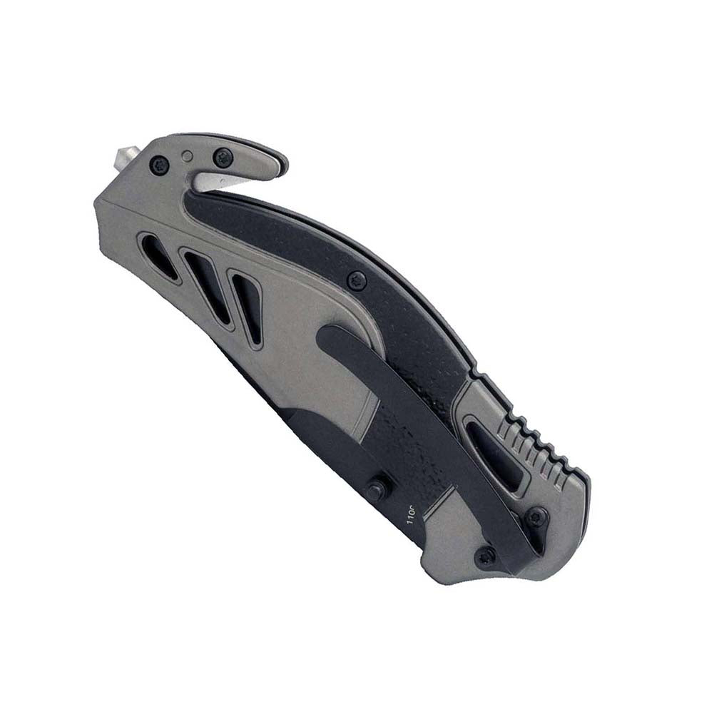 Angled dark gray and black tactical folding knife with glass breaker and strap cutter.