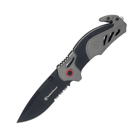 Angled black and grey folding rescue knife with a partially serrated blade.