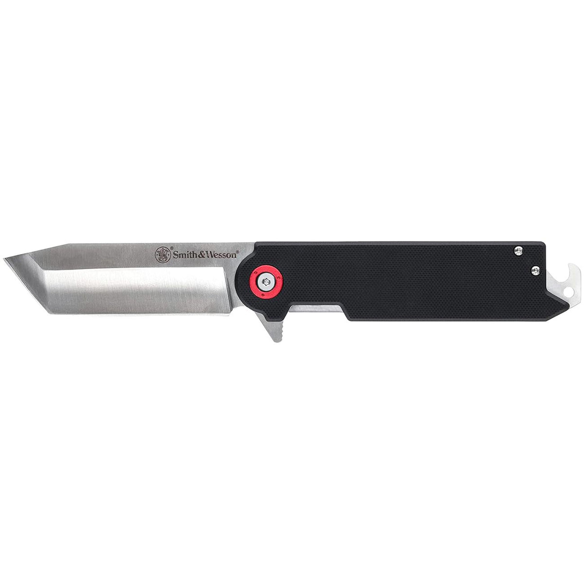Smith & Wesson folding knife with a silver blade and black textured handle.
