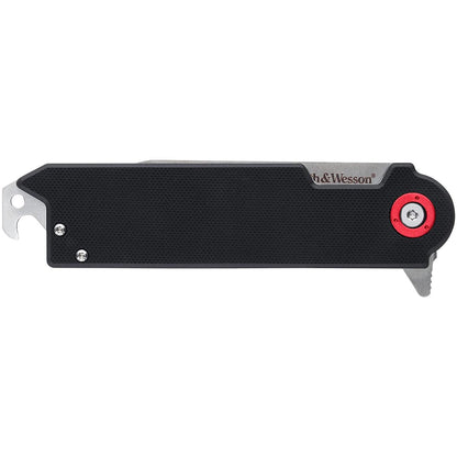 Textured black and silver S&W multi-tool with bottle opener and red accent.