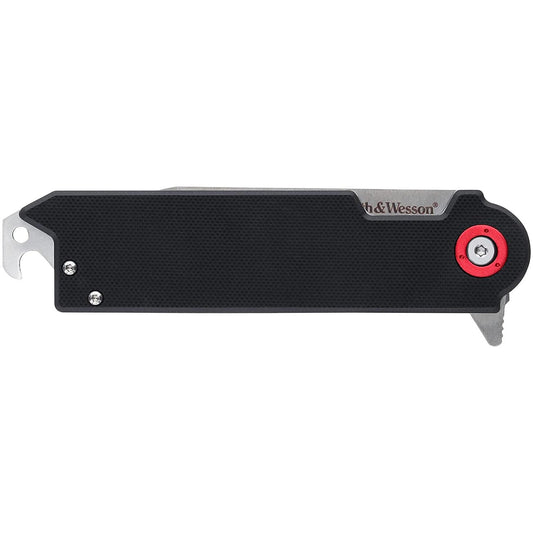 Textured black and silver S&W multi-tool with bottle opener and red accent.