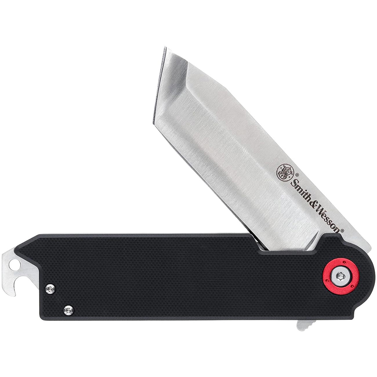 Partially open Smith & Wesson folding knife with silver blade and textured black handle.