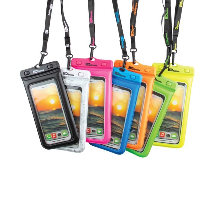 Six colorful H2ODYSSEY floating phone pouches with phones displaying a sunset.