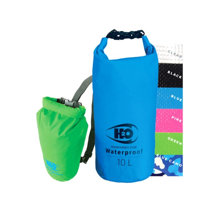 Two H2Odyssey dry bags, one blue 10L and one green, with color options.