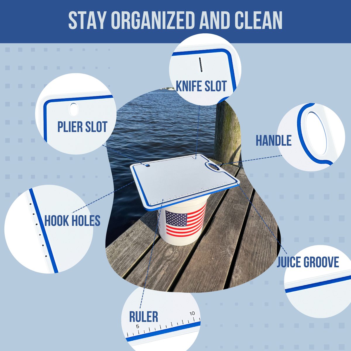 TRAPSKI Bucket Board | Made in USA | Marine-Grade HDPE | Fits 5-Gallon Buckets & Coolers | Integrated Ruler | Non-Skid Feet | Fillet, Bait Prep & Gear