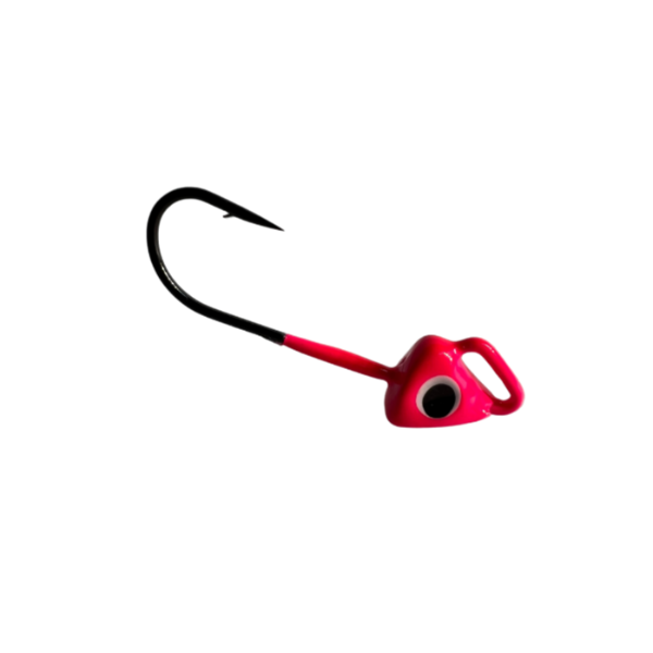 Red and black fishing lure on a white background