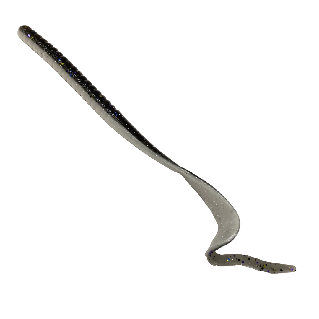 Fishing lure with a metallic finish on a white background