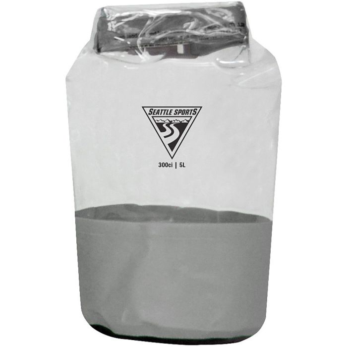 Clear Seattle Sports dry bag with grey bottom and rolled top.