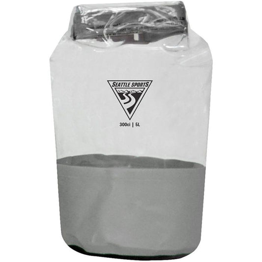 Clear Seattle Sports dry bag with grey bottom and rolled top.