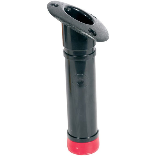 Black cylindrical kayak rod holder with an angled top and red base.