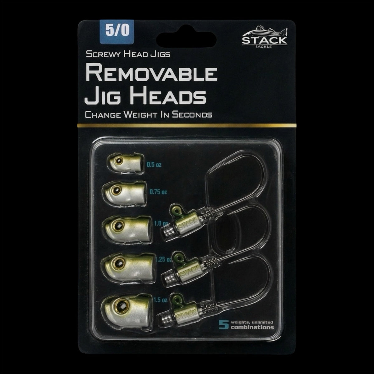 Stack Tackle Screwy Head Jigs | U.S. Patent No. 12,690,572 | 5 Sizes + 3 Mustad 5/0 Hooks | Screw-On O-Ring Lock | Swap Without Re-Tying