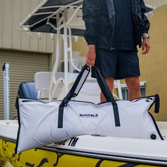 Buffalo Gear 48"x18" Fish Cooler Bag | Waterproof Zipper | 22oz Tarpaulin | 48hr+ Ice | White & Gray