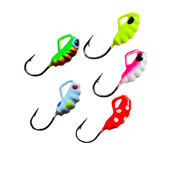 Five colorful fishing lures on a white background