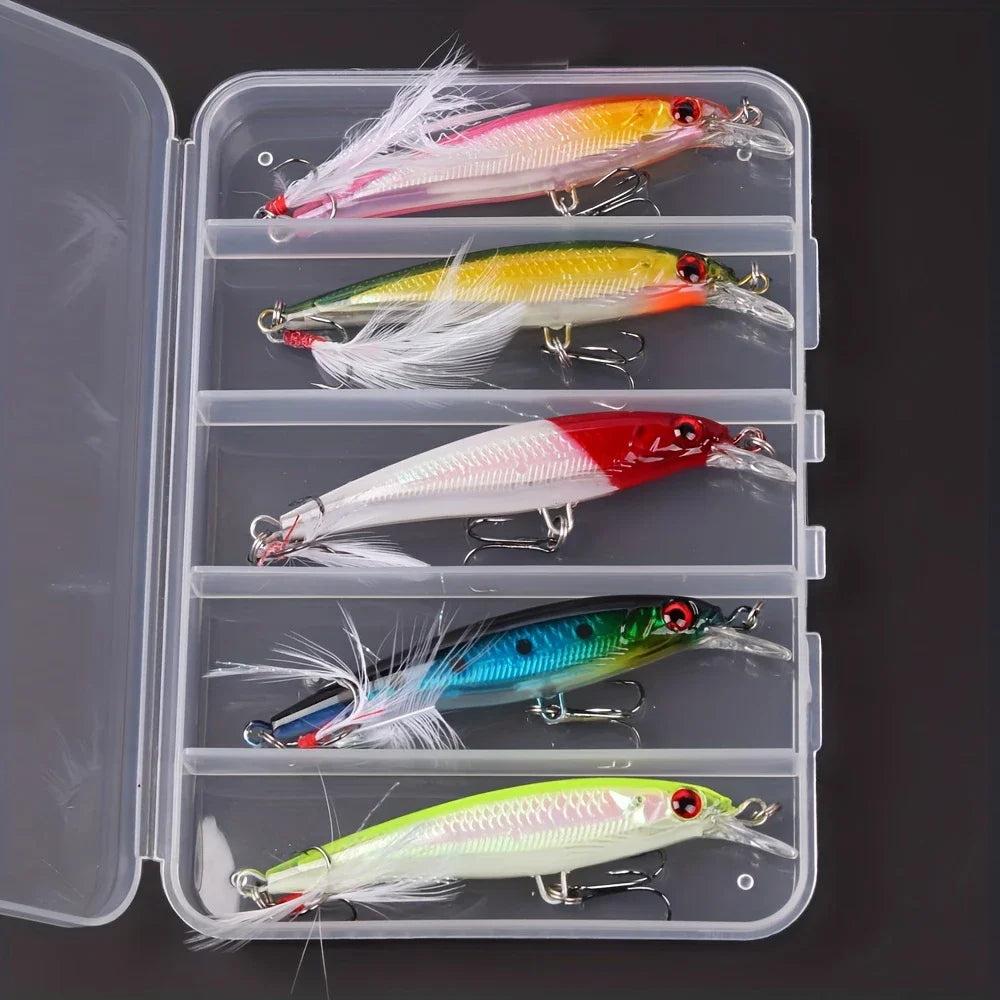 5pcs/box Laser 3D Eyes Bionic Minnow Fishing Lure -13.3g/6.8g Hard Bait with Feather Treble Hooks for Maximum Catch