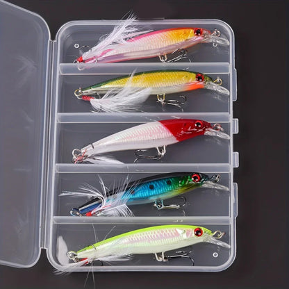 5pcs/box Laser 3D Eyes Bionic Minnow Fishing Lure -13.3g/6.8g Hard Bait with Feather Treble Hooks for Maximum Catch