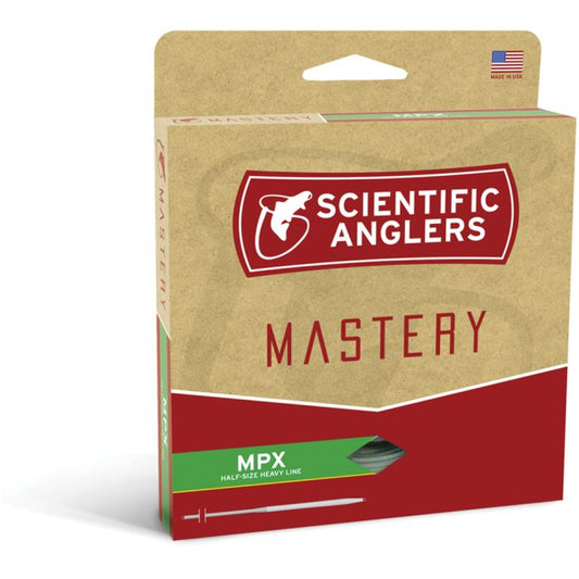 Angled brown and red Scientific Anglers Mastery MPX box showing light green fishing line.