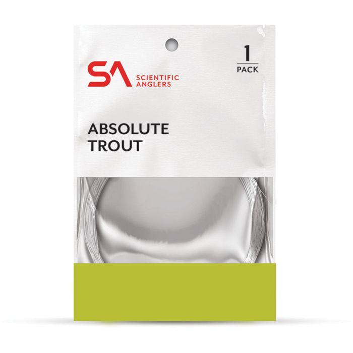 Upright white and green package of Scientific Anglers Absolute Trout fishing line.