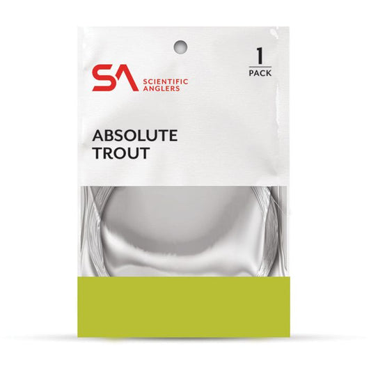 Upright white and green package of Scientific Anglers Absolute Trout fishing line.