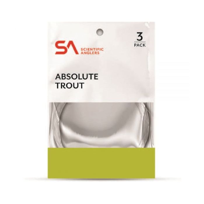 White and green Scientific Anglers 3-pack of Absolute Trout fishing leaders.