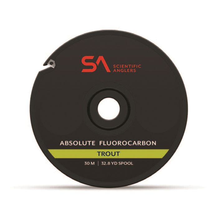 Black circular fishing line spool with red Scientific Anglers logo and green 'Trout' band.
