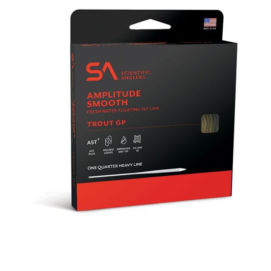 Angled black and red Scientific Anglers fly line box with tan coiled line.