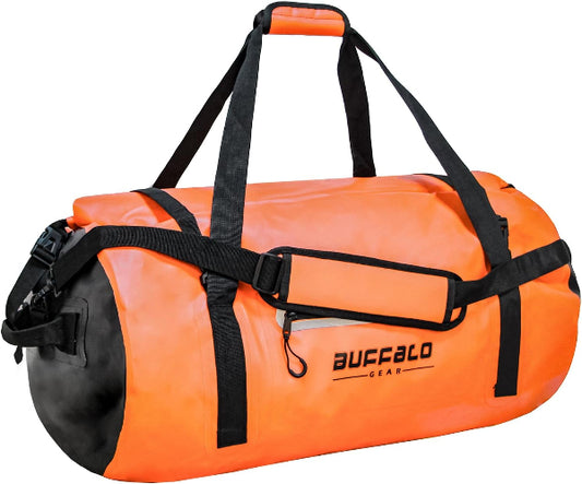 Orange duffel bag with black straps and 'Buffalo Gear' branding on a white background