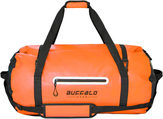 Orange duffel bag with black straps and 'Buffalo Gear' branding on a white background