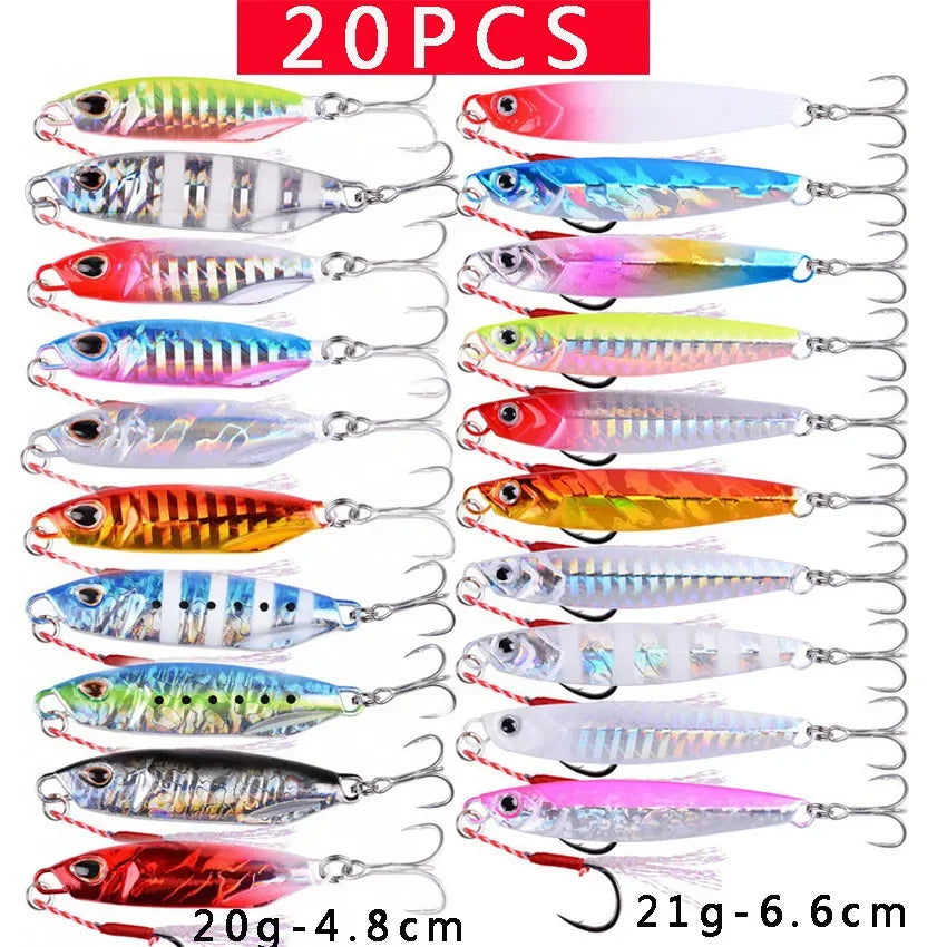 20PCS Quality Metal Cast Jig Spoon Set 10g- 60g Shore Casting Jigging Fish Sea Bass Fishing Lures Artificial Bait Tackle