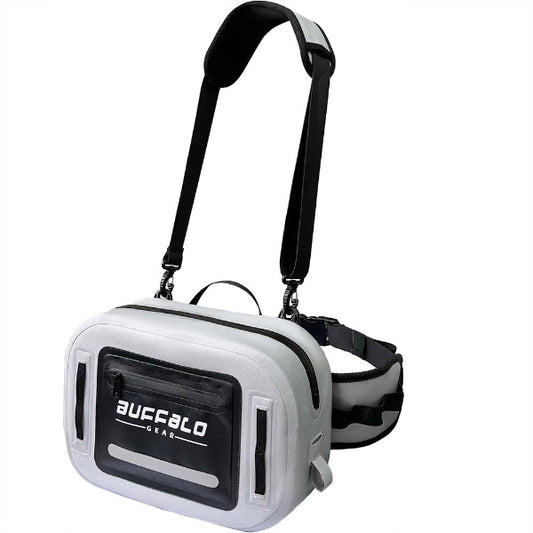A light gray and black Buffalo Gear waist bag with an adjustable black shoulder strap, shown on a solid white background.
