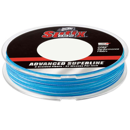 A clear spool of blue and white Sufix 832 braided fishing line.
