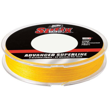 Sufix 832 Hi-Vis Yellow braided fishing line on a clear spool.