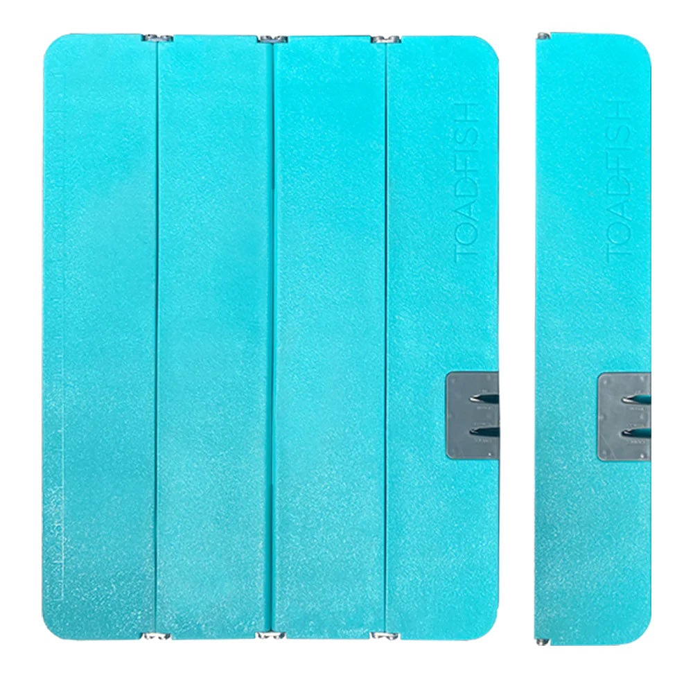 A turquoise blue textured tablet case shown in two views on a plain white background: a folded view displaying three vertical panels and a hinged cover with a gray latch, and a side profile view showing the brand name TOAPHISH embossed vertically.