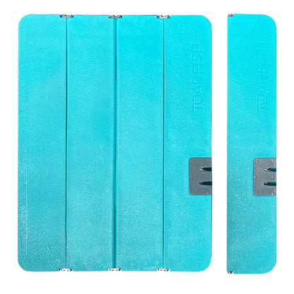 A turquoise blue textured tablet case shown in two views on a plain white background: a folded view displaying three vertical panels and a hinged cover with a gray latch, and a side profile view showing the brand name TOAPHISH embossed vertically.