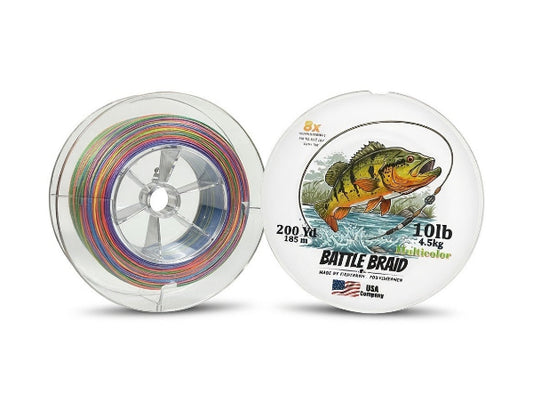 Two spools of Battle Braid fishing line with a colorful braid and packaging featuring a fish illustration.