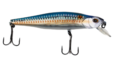 A hard fishing lure shaped like a small fish, shown from the side on a plain white background. The lure has a blue-to-silver gradient body with orange-gold scale details, a realistic eye, and two black treble hooks attached.