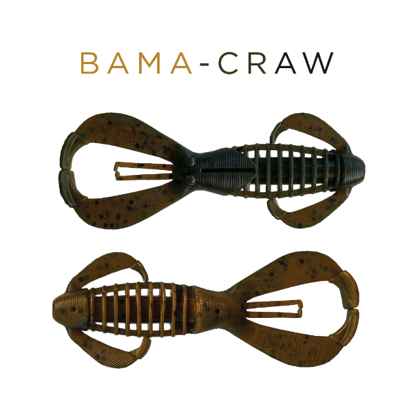 Two Bama-Craw fishing lures on a white background with 'Bama-Craw' branding.