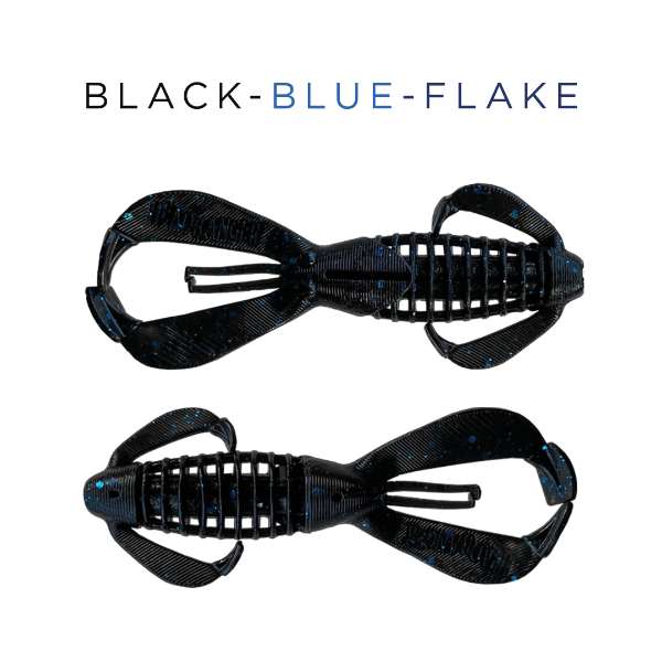 Two black and blue flake-patterned lures on a white background with 'BLACK-BLUE-FLAKE' text above.