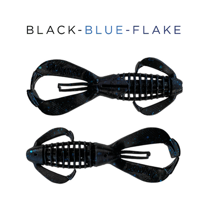 Two black and blue flake-patterned lures on a white background with 'BLACK-BLUE-FLAKE' text above.