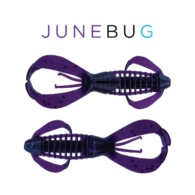 Two purple and black fishing lures with 'JUNEBUG' branding on a white background