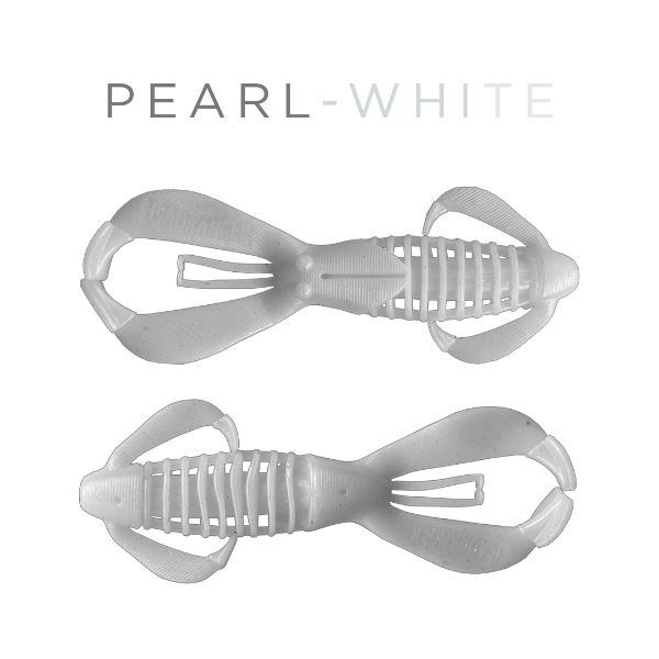 Two pearl-white fishing lures on a white background with 'PEARL-WHITE' text above.