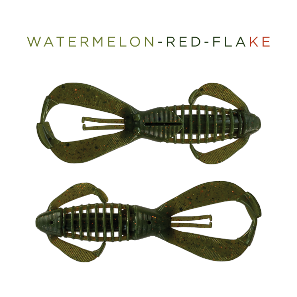Two green fishing lures labeled 'Watermelon Red Flake' on a white background