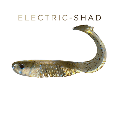 Fishing lure shaped like an electric shad on a white background
