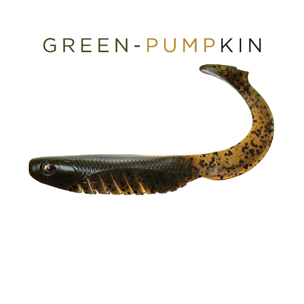 Fishing lure with 'Green-Pumpkin' coloration on a white background