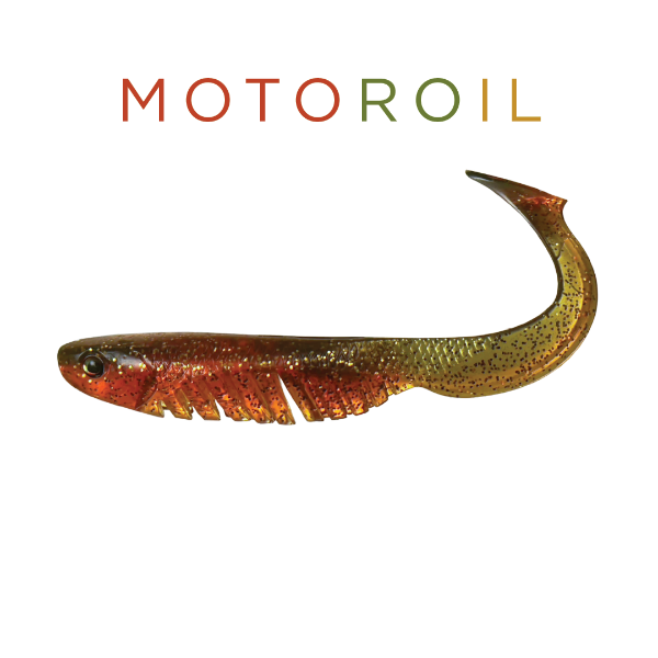 Fishing lure with 'MOTOROIL' branding on a white background