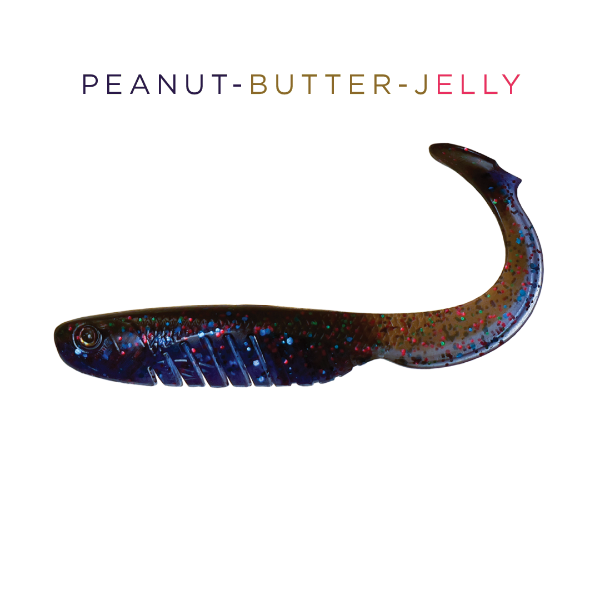 Colorful fishing lure with 'Peanut-Butter-Jelly' text on a white background