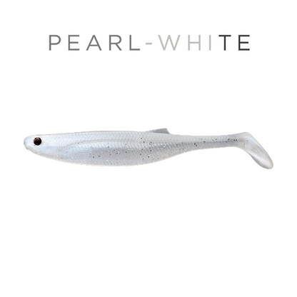 Pearl-white fishing lure on a white background with 'PEARL-WHITE' text above it.