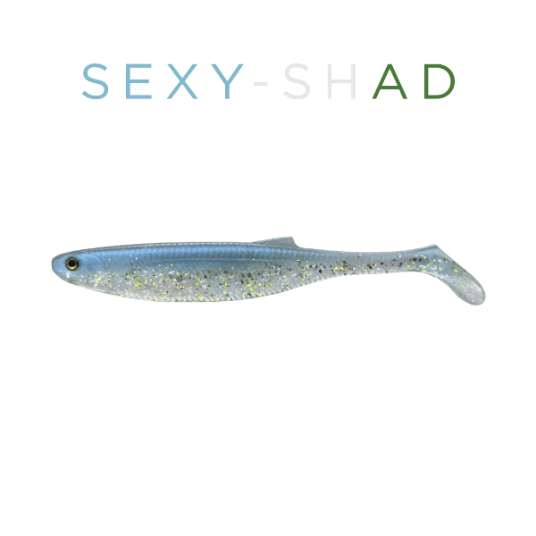 Fishing lure shaped like a shad with 'SEXY-SHAD' text above on a white background