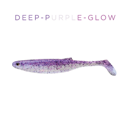 Fishing lure with 'Deep Purple Glow' text on a white background