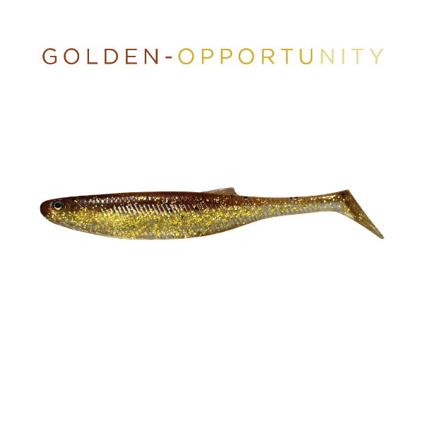 Fishing lure with 'GOLDEN-OPPORTUNITY' text on a white background