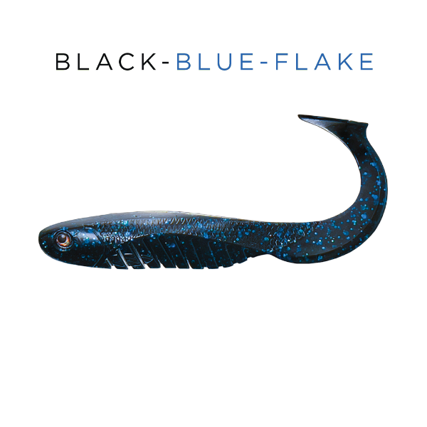 Black-blue-flake fishing lure on a white background